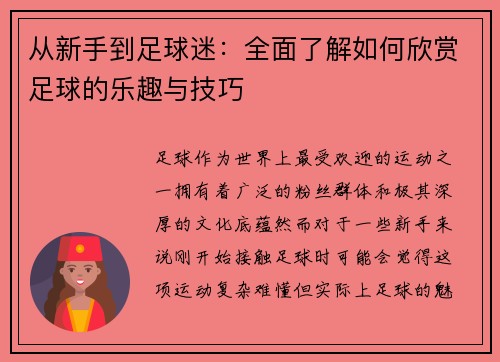 从新手到足球迷：全面了解如何欣赏足球的乐趣与技巧